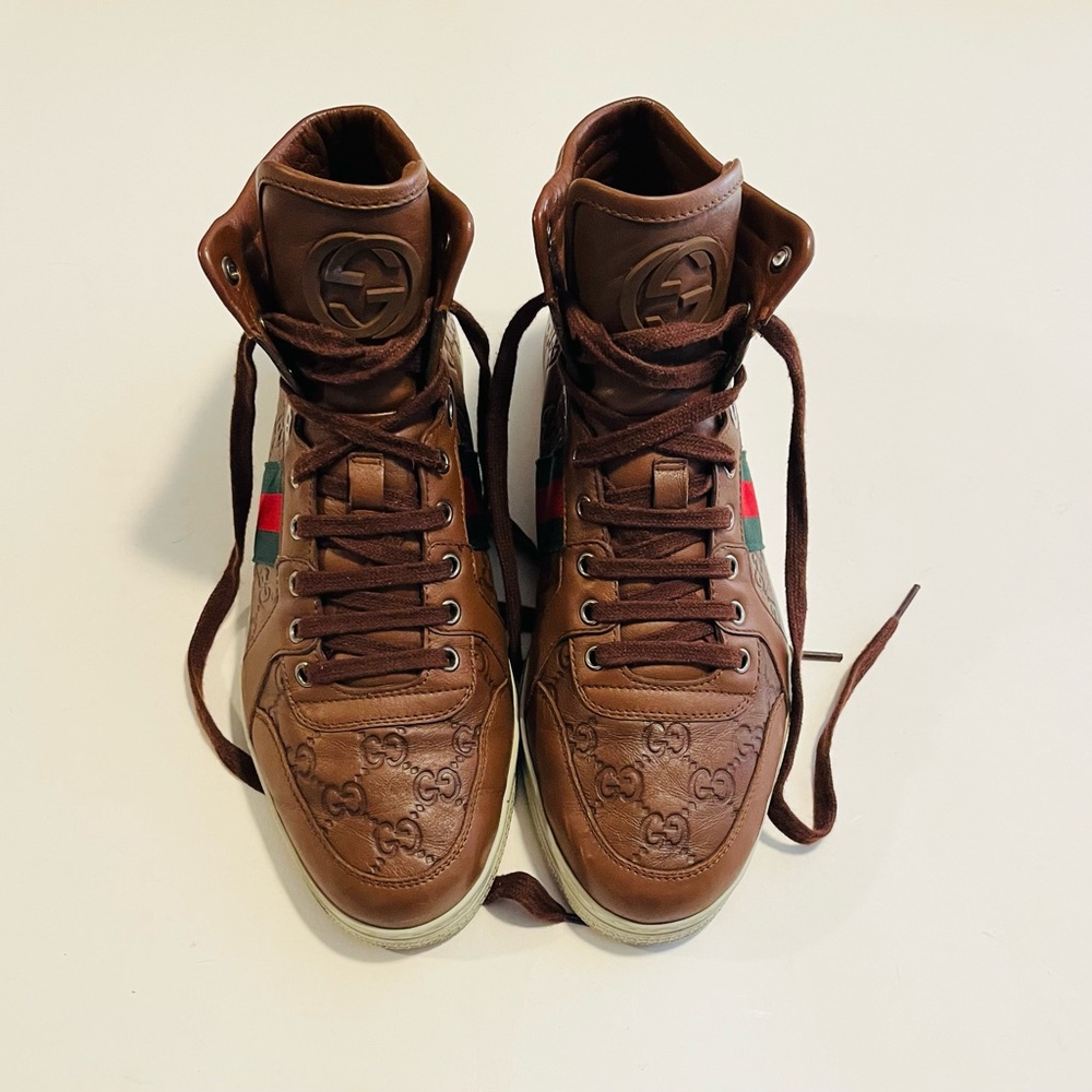 Gucci Guccissima Brown Leather High Top Men’s Signature Sneakers Size 8 G - Picture 2 of 9